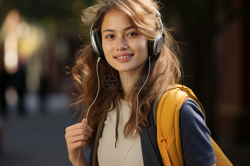 女人戴着耳机在街上走着图片