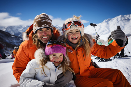 三十代快乐的三人家庭欢乐冬日滑雪背景