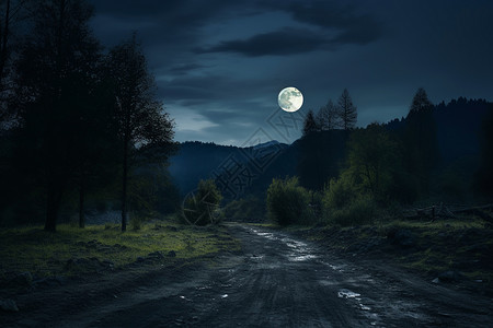 黑夜公路素材月光下曲线小路背景
