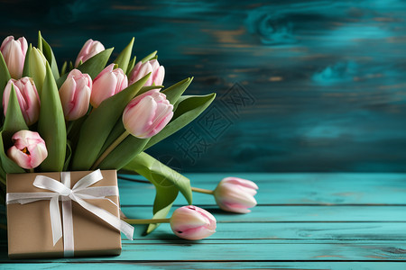 美丽花束和信封在绿色木板上背景图片