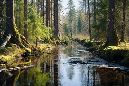 森林中的河流树木图片