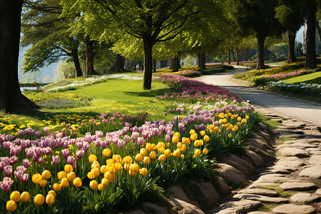 百花公园公园中种植的花朵树木背景