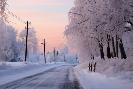 白雪覆盖的乡村街道高清图片