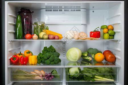 保鲜水果装满各种蔬菜和水果的冰箱背景