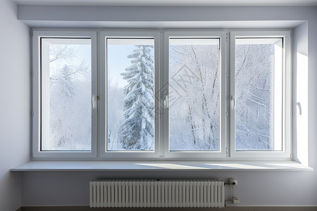 窗户景色色建筑与冬日雪林相映衬背景