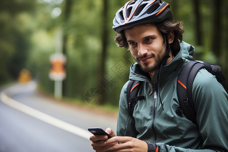 手机男子在森林前路边站着高清图片