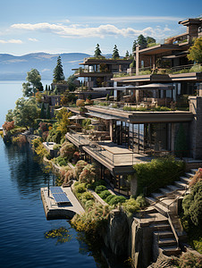 静谧的湖边别墅背景图片