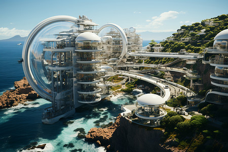 未来的海边城市背景图片