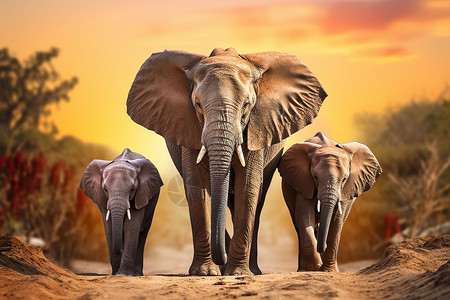 黄昏时的一群大象背景