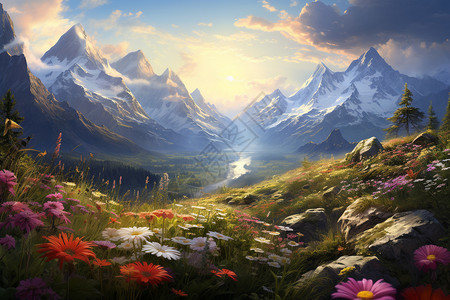 山脉的花朵插图背景图片