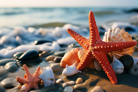 海滩上的海星和贝壳背景图片
