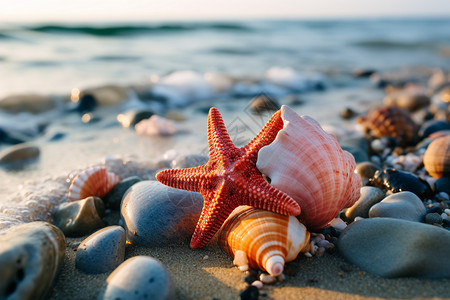海滩上的海螺和海星背景图片