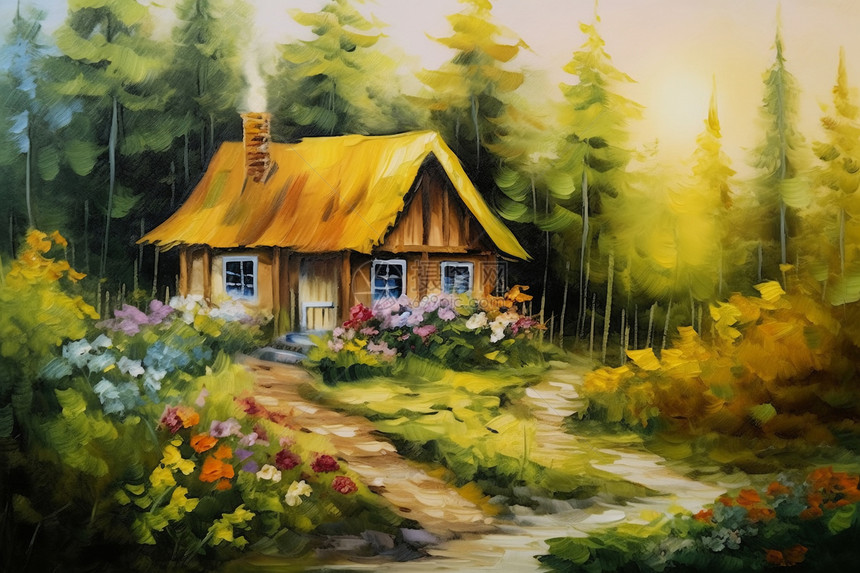 绘画的森林木屋图片