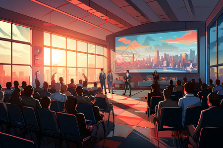 大会议厅现实与虚拟的对话插画