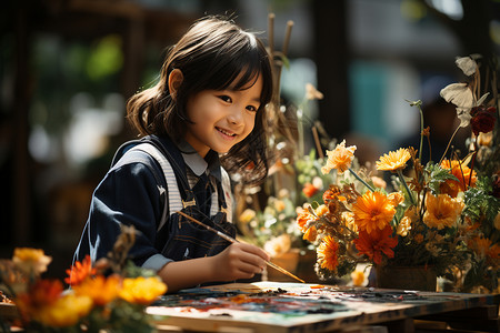 花朵上小女孩画画的小女孩照片-教育培训-教育文化背景