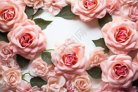 鲜花花环边框玫瑰花瓣飘落在庆祝日的蛋糕上背景