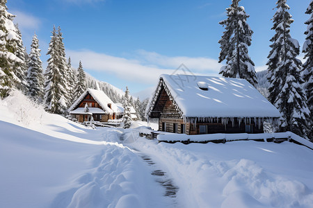 手绘房屋的积雪冬日山居雪景背景