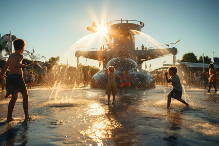 喷泉下戏水的孩子高清图片