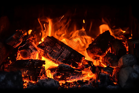 木炭和火焰木炭在燃烧背景