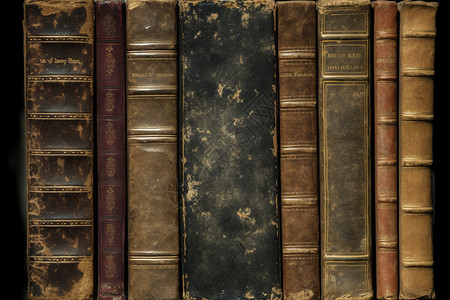 古旧书在书架上排列背景图片
