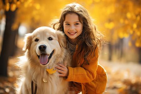 秋日公园里的小女孩与狗狗拥抱图片