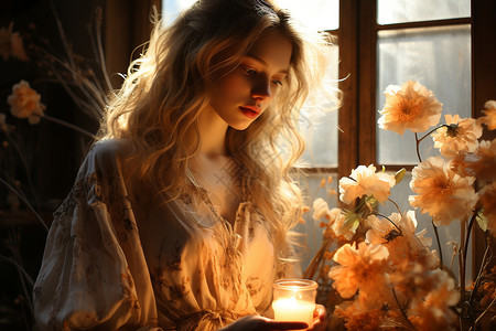 窗插画窗前端着蜡烛的少女背景