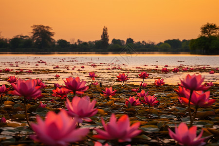 红莲湖湖上的红莲盛开背景