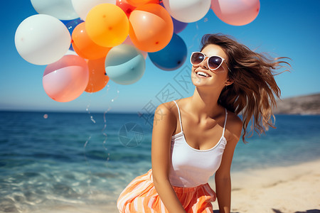 沙滩气球海边度假的青年女性背景