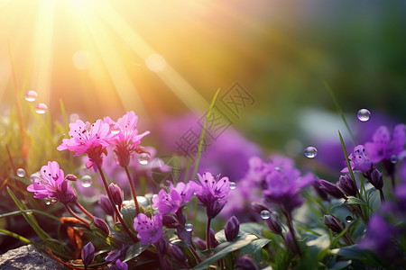 阳光下滴水的野花图片