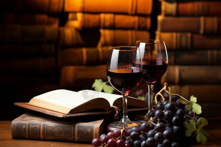 美酒书籍与葡萄背景图片
