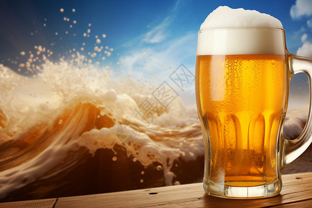 海浪拍打的背景下一杯啤酒设计图片
