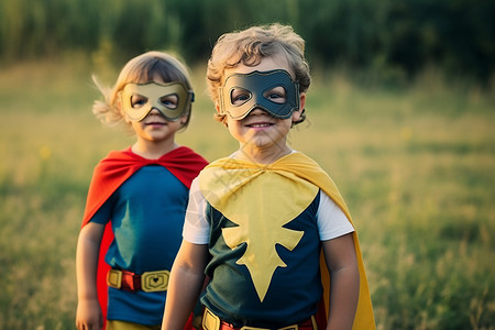 超人孩子孩子穿着超级英雄服装站在草地上背景