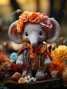 毛绒大象头戴花朵的针织物小象背景