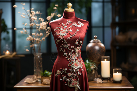 红色树枝刺绣旗袍背景图片
