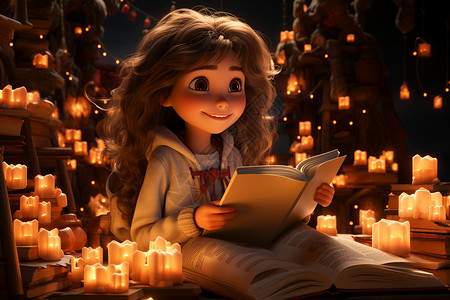 蜡烛旁读书的女孩背景图片
