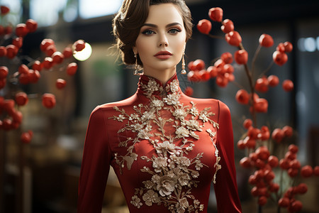身穿红色刺绣旗袍的美女图片
