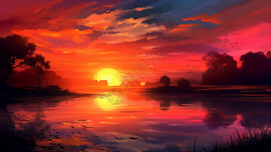 绚丽夜色湖面的绚丽夕阳插画