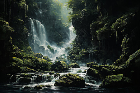 林间的岩石瀑布背景图片