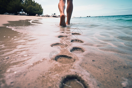 沙滩上海水冲刷的脚印高清图片