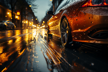 雨中街道上行驶的汽车特写图片