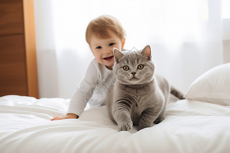 戴虎头帽男孩床上可爱的小猫和婴儿背景