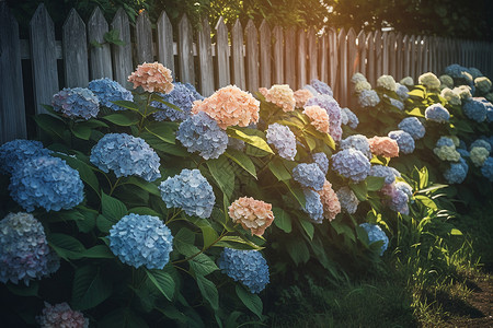 夏季花园中盛开的绣球花背景图片