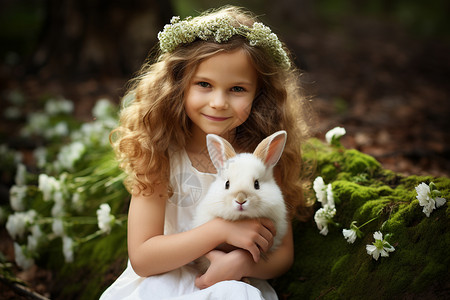 户外草地上的小女孩和兔子图片