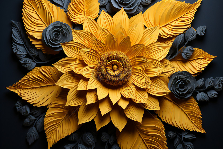 3D立体雕花的向日葵花卉插图图片