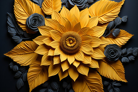3d立体玫瑰3D立体雕花的向日葵花卉插图插画