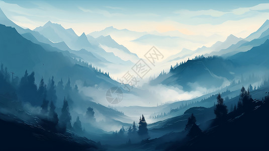 云雾缭绕的松林神秘山脉的创意插图插画