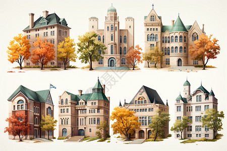 彩色图案的校园建筑系列背景图片