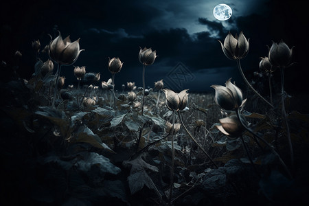 暗黑系花朵幽暗的月色夜园设计图片