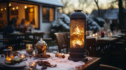 冬季户外派对的聚餐场景图片