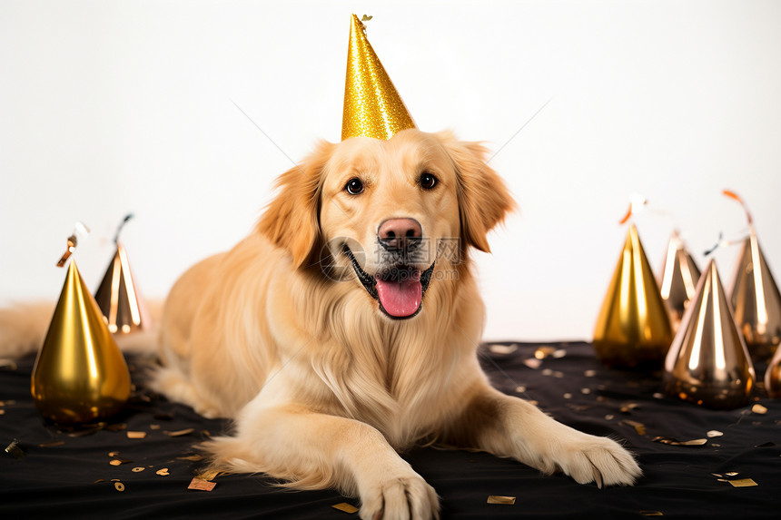庆祝生日的金毛犬狗狗图片